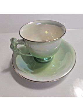 vintage Royal Winton green lustreware teacup and saucer rosebud-shape handle